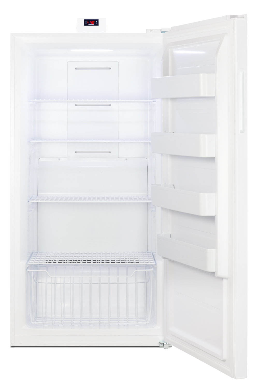 Upright all-refrigerator for general purpose storage with digital controls and white exterior finish